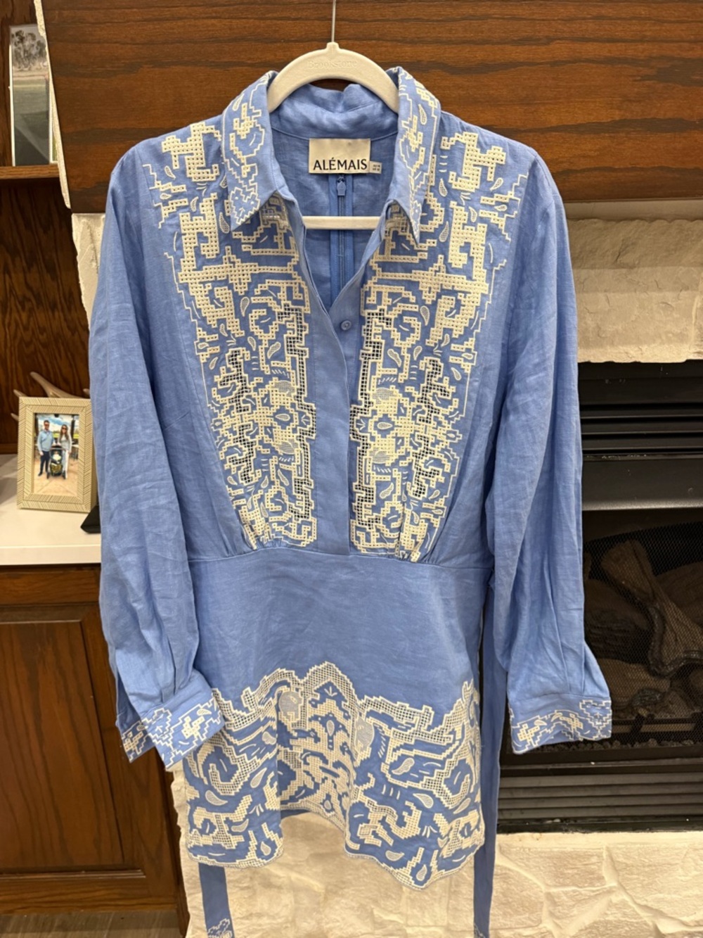 Alemais Light Blue Linen Tunic Dress with White Embroidery - Picture 2 of 4